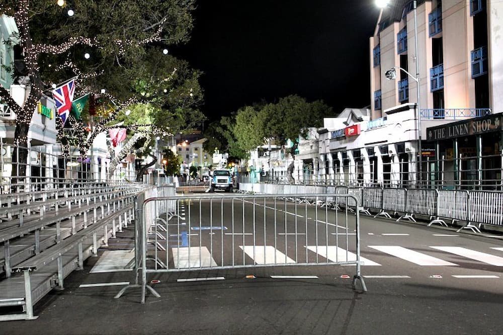 Bleachers and barricades on Bay Street