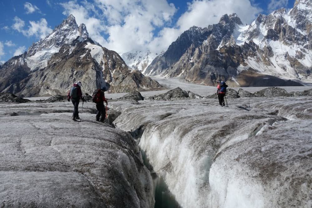 Crossing one of the many crevasses