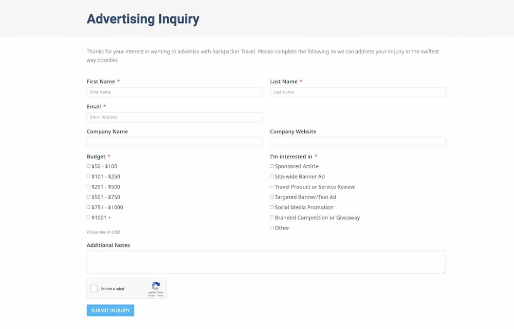 Advertisement Inqiry Advertising Inquiry | Backpacker Travel