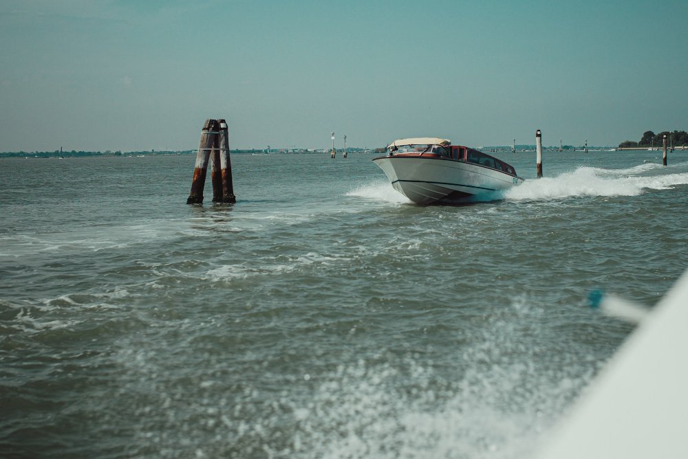 An approaching powerboat as seen from the water